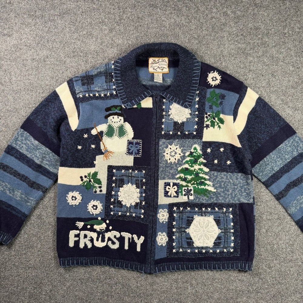 Heirloom Collectibles Cardigan Women Large Blue Frosty Snowman Vintage Sweater